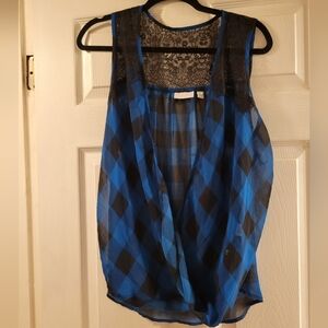 New York & Company Blue and Black Plaid Blouse Size XL